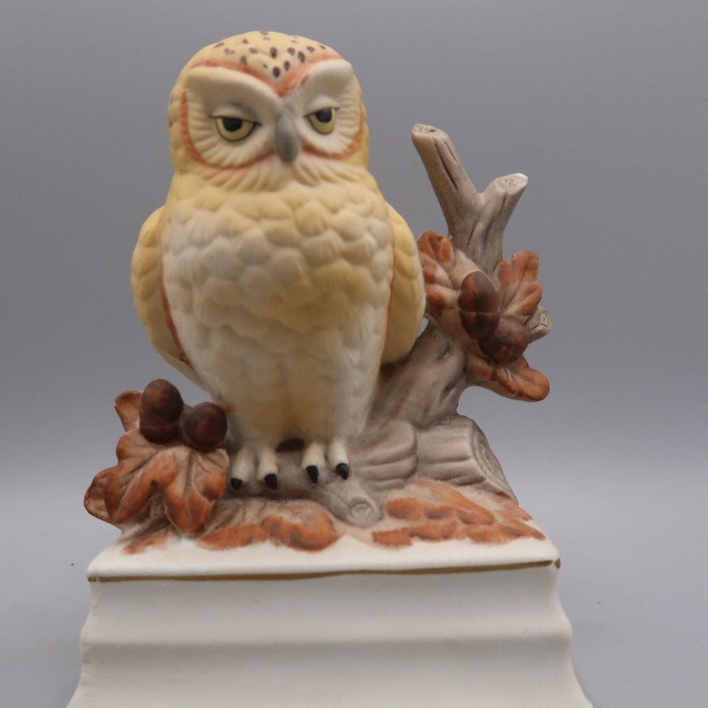 Vintage Towle Music Box With Yellow Barn Owl on Branch Fine Porcelain Statue